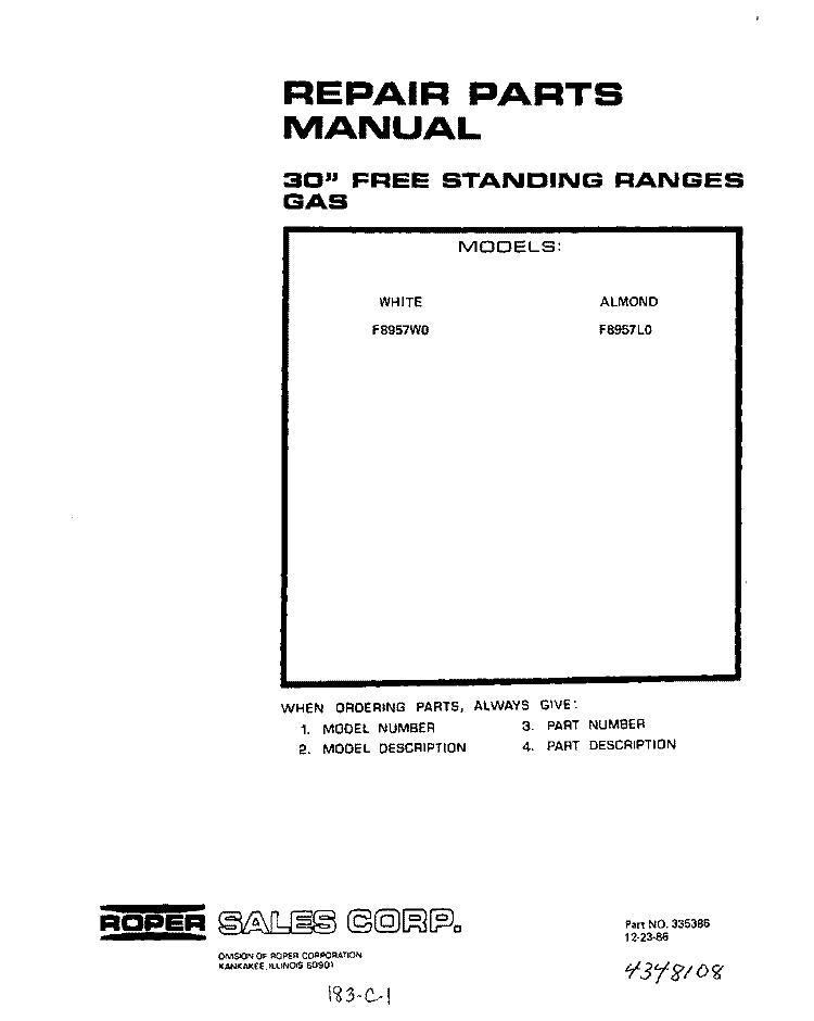 BACKGUARD Diagram and Parts List for F8957W0  Roper Range