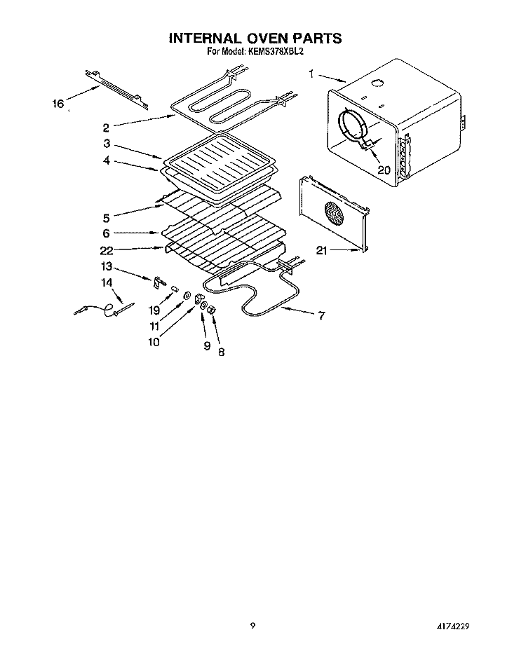 INTERNAL OVEN Diagram and Parts List for KEMS378XWH2  KitchenAid Wall Oven