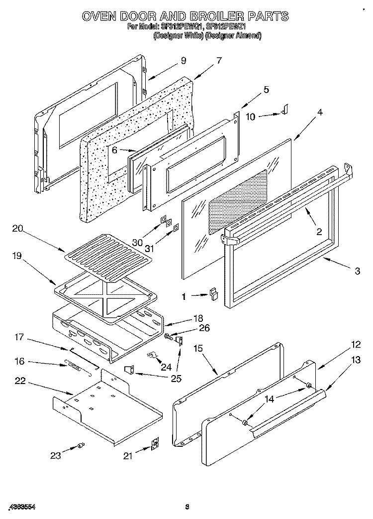 OVEN DOOR AND BROILER Diagram and Parts List for SF312PEWQ1  Whirlpool Range
