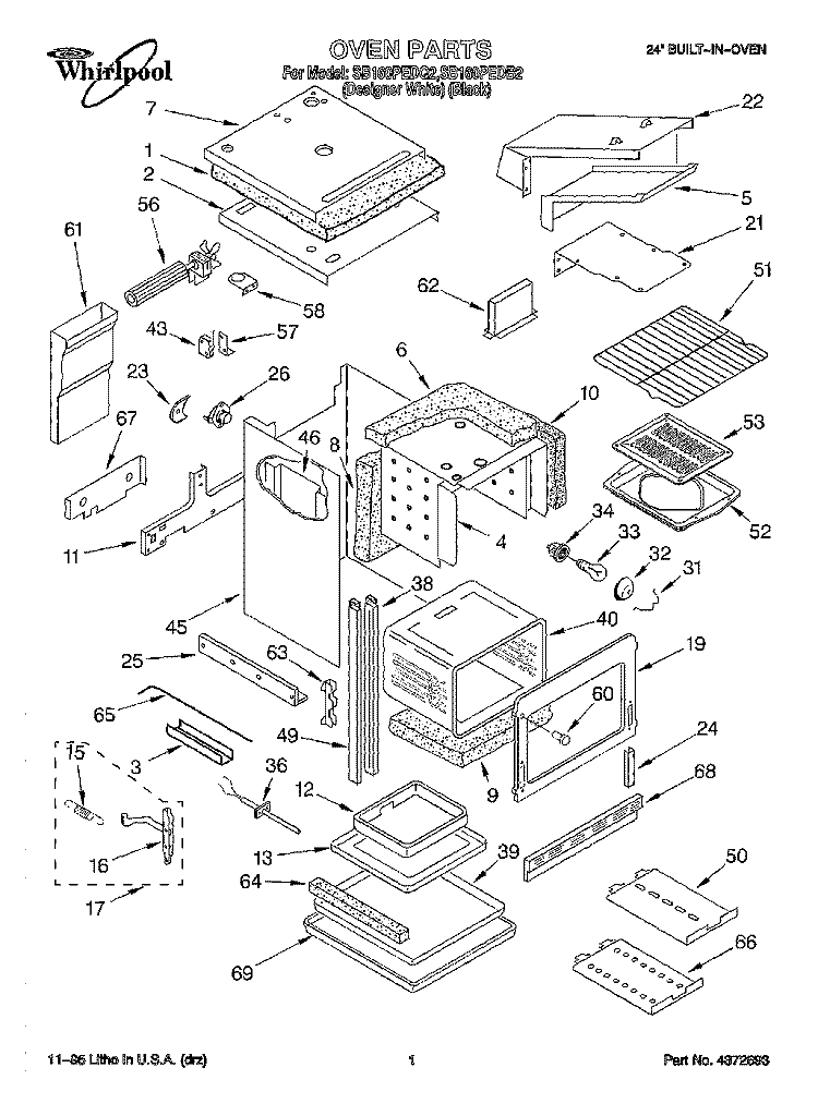 OVEN Diagram and Parts List for SB160PEDQ2  Whirlpool Wall Oven