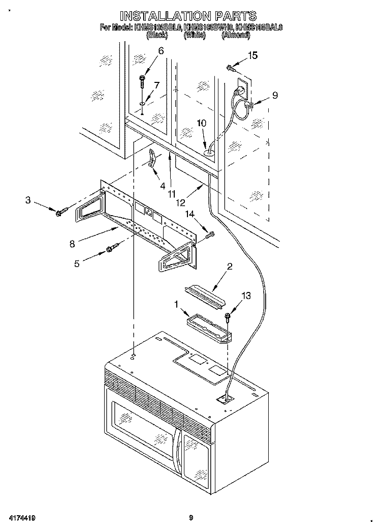 INSTALLATION Diagram and Parts List for KHMS105BBL0  KitchenAid Microwave