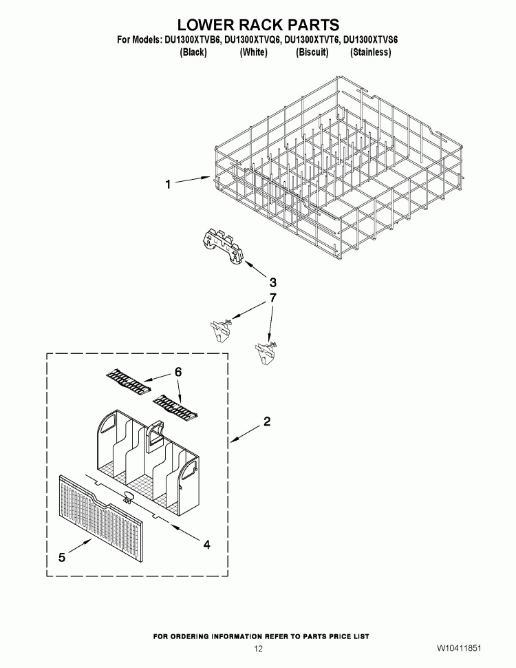 LOWER RACK PARTS Diagram and Parts List for DU1300XTVQ6  Whirlpool Dishwasher