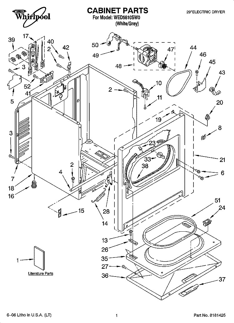 CABINET PARTS Diagram and Parts List for WED5810SW0  Whirlpool Dryer