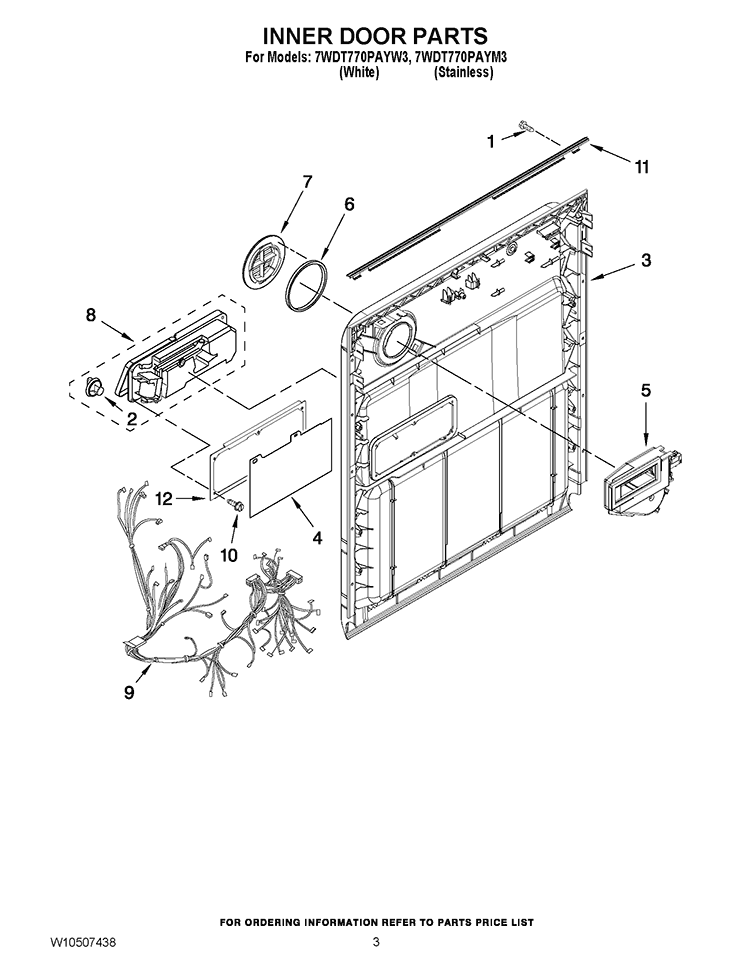 INNER DOOR PARTS Diagram and Parts List for 7WDT770PAYW3  Whirlpool Dishwasher