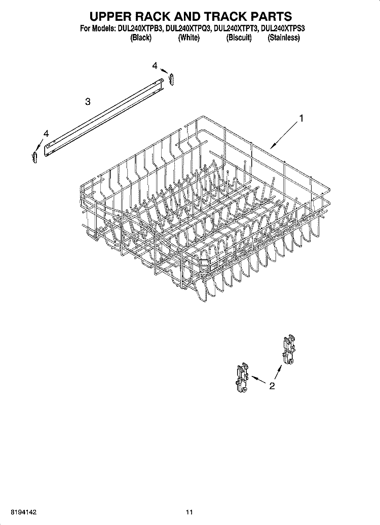 UPPER RACK AND TRACK PARTS Diagram and Parts List for DUL240XTPB3  Whirlpool Dishwasher