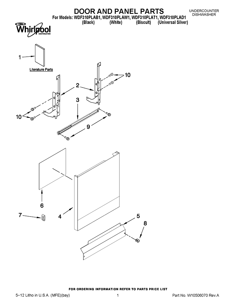 DOOR AND PANEL PARTS Diagram and Parts List for WDF310PLAD1  Whirlpool Dishwasher