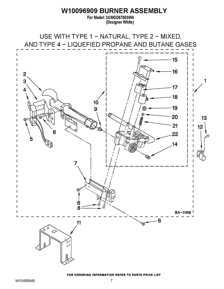 W10096909 BURNER ASSEMBLY Diagram and Parts List for 3XWGD5705SW4  Whirlpool Dryer