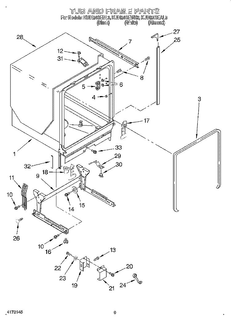 TUB AND FRAME Diagram and Parts List for KUDI24SEWH3  KitchenAid Dishwasher