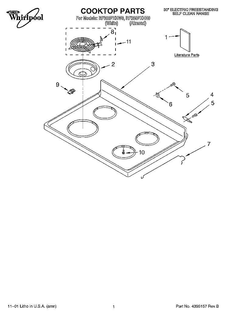 COOKTOP, LITERATURE Diagram and Parts List for RF350PXHN0  Whirlpool Range