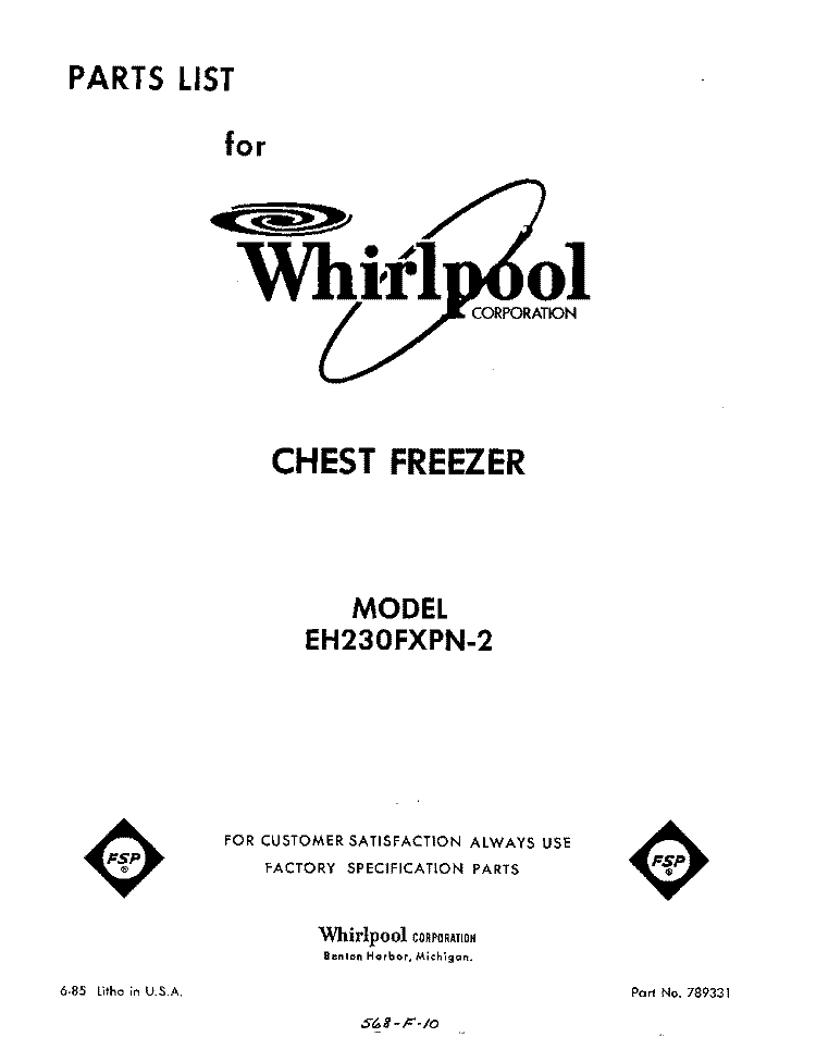 SECTION Diagram and Parts List for EH230FXPN2  Whirlpool Freezer
