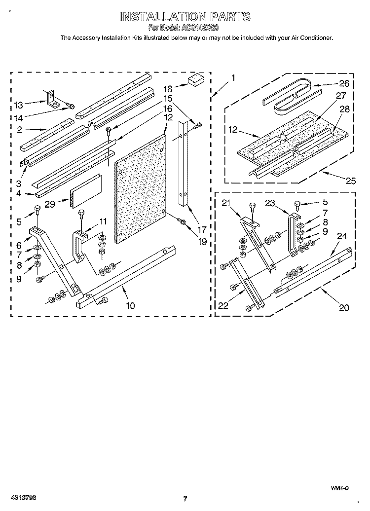INSTALLATION Diagram and Parts List for ACQ142XG0  Whirlpool Air Conditioner