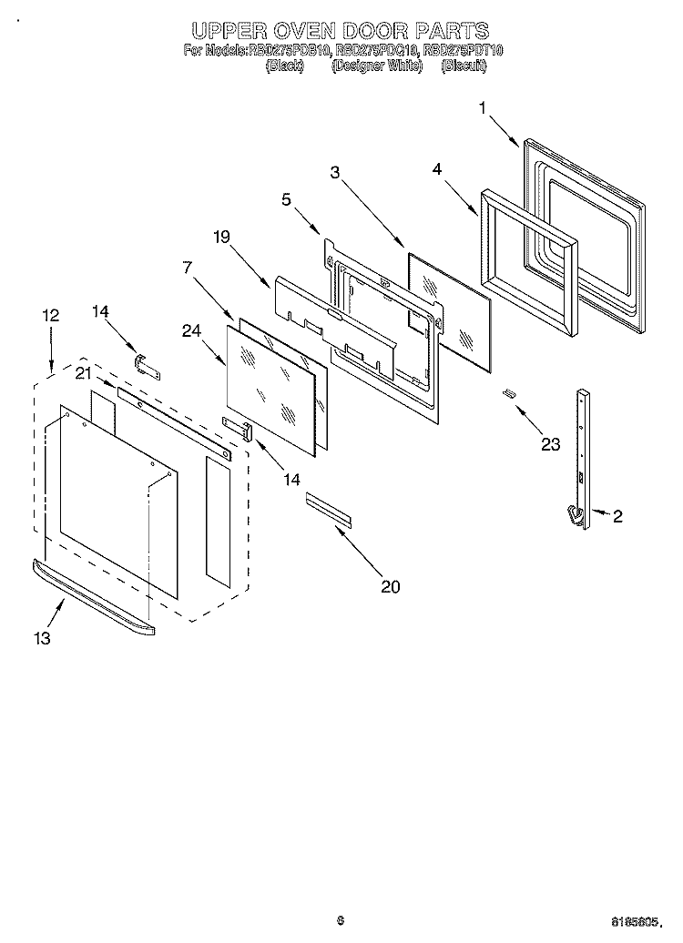 UPPER OVEN DOOR Diagram and Parts List for RBD275PDB10  Whirlpool Wall Oven