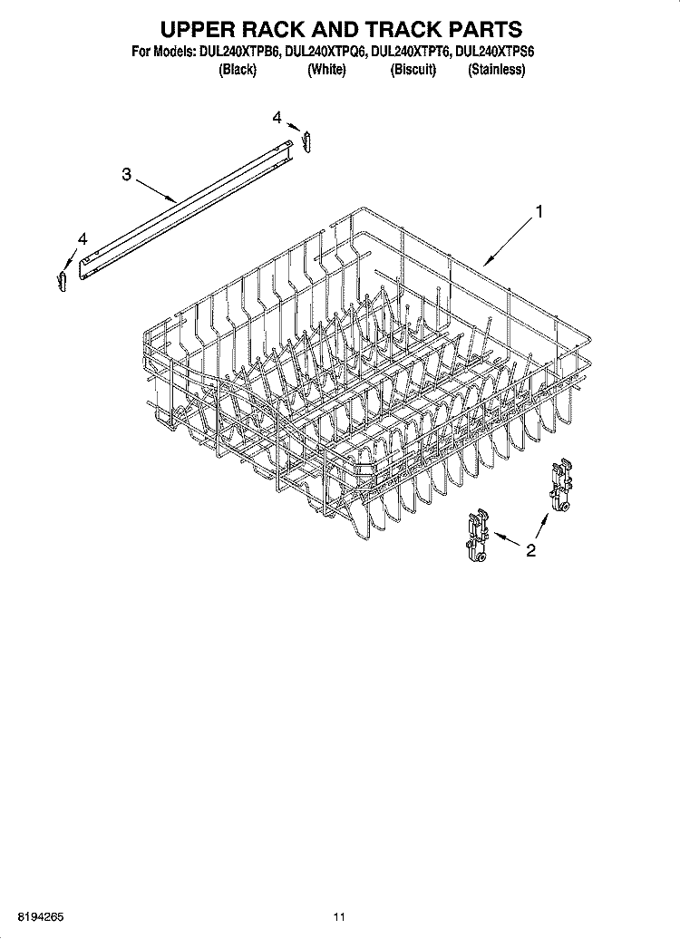 UPPER RACK AND TRACK PARTS Diagram and Parts List for DUL240XTPQ6  Whirlpool Dishwasher