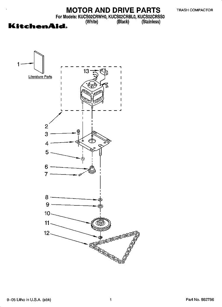 MOTOR AND DRIVE PARTS Diagram and Parts List for KUCS02CRSS0  KitchenAid Trash Compactor