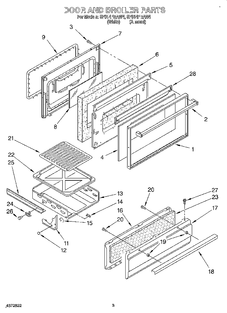 DOOR AND BROILER Diagram and Parts List for SF314PEAW4  Whirlpool Range