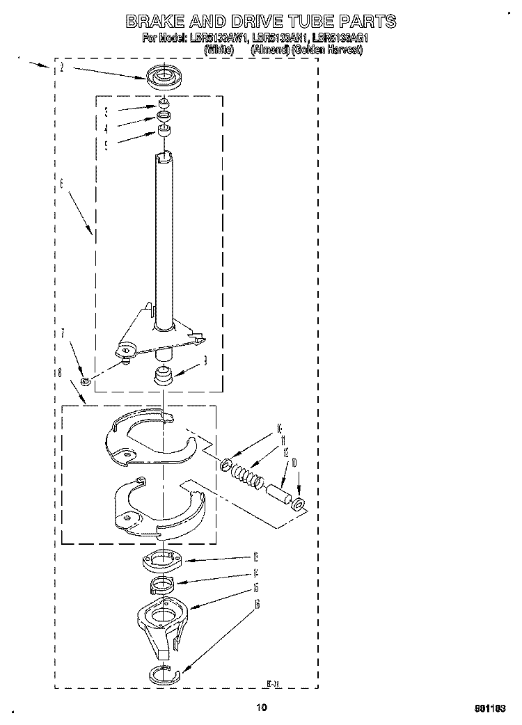 BRAKE AND DRIVE TUBE Diagram and Parts List for LBR5133AN1  Whirlpool Washer