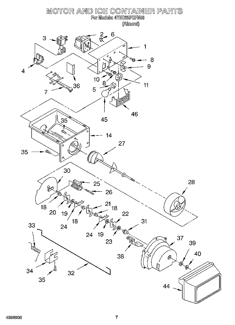 MOTOR AND ICE CONTAINER Diagram and Parts List for 4YED25PQFN03  Whirlpool Refrigerator