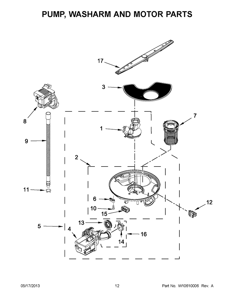 PUMP, WASHARM AND MOTOR PARTS Diagram and Parts List for IUD3100BW1  Whirlpool Dishwasher