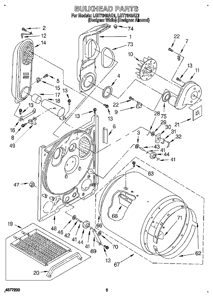 BULKHEAD Diagram and Parts List for LGT7848AZ1  Whirlpool Dryer