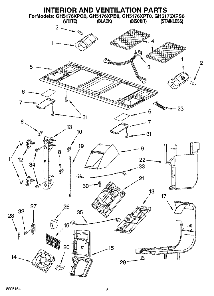 INTERIOR AND VENTILATION PARTS Diagram and Parts List for GH5176XPS0  Whirlpool Microwave