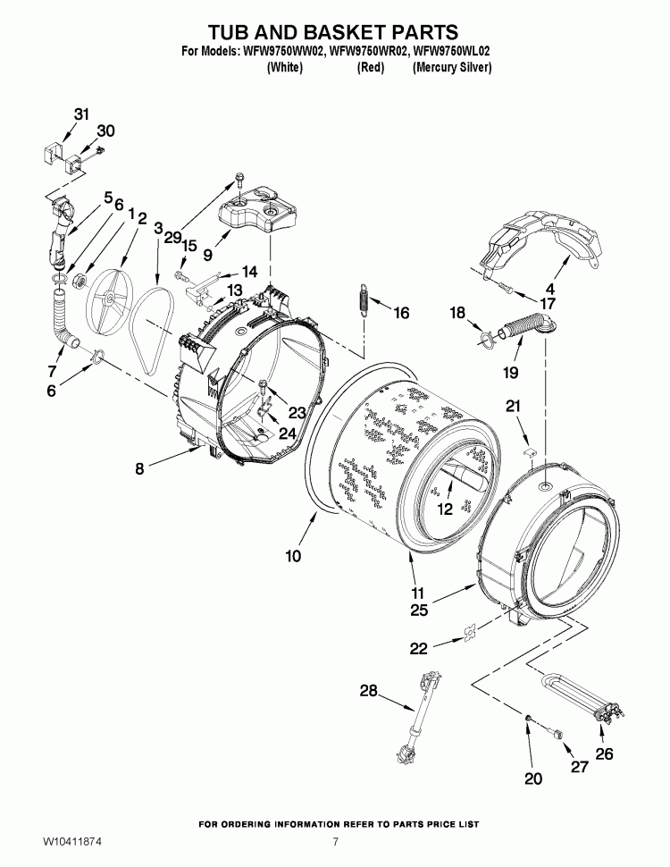 TUB AND BASKET PARTS Diagram and Parts List for WFW9750WL02  Whirlpool Washer
