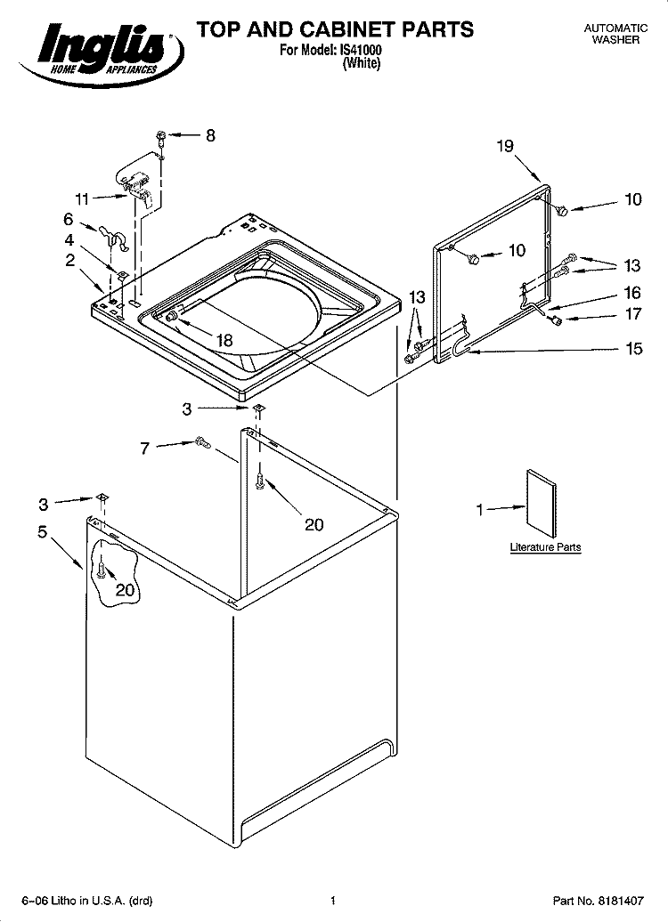 TOP AND CABINET PARTS Diagram and Parts List for IS41000  Inglis Washer