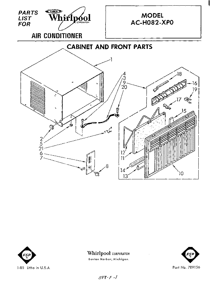 CABINET AND FRONT PARTS Diagram and Parts List for ACH082XP0  Whirlpool Air Conditioner