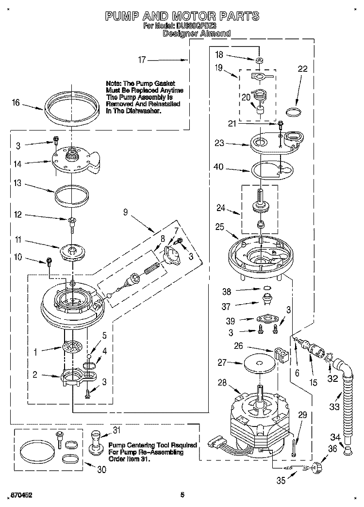 PUMP AND MOTOR Diagram and Parts List for DU980QPDZ3  Whirlpool Dishwasher
