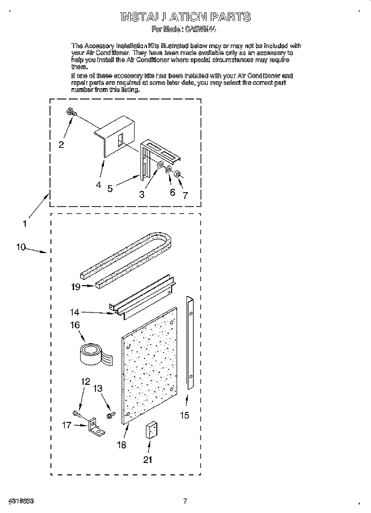 INSTALLATION PARTS Diagram and Parts List for CA5WM44  Crosley Air Conditioner