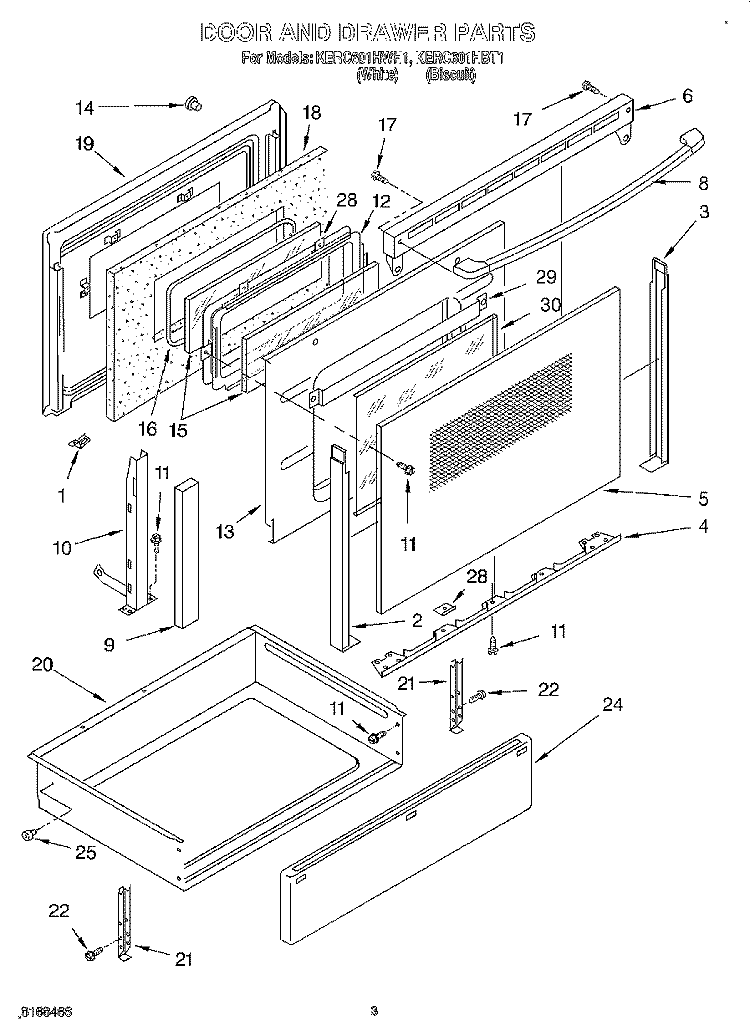 DOOR AND DRAWER Diagram and Parts List for KERC601HBT1  KitchenAid Range