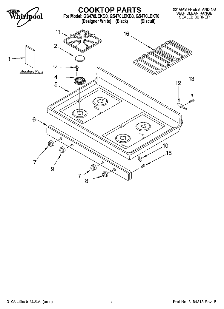 COOKTOP PARTS Diagram and Parts List for GS470LEKB0  Whirlpool Range