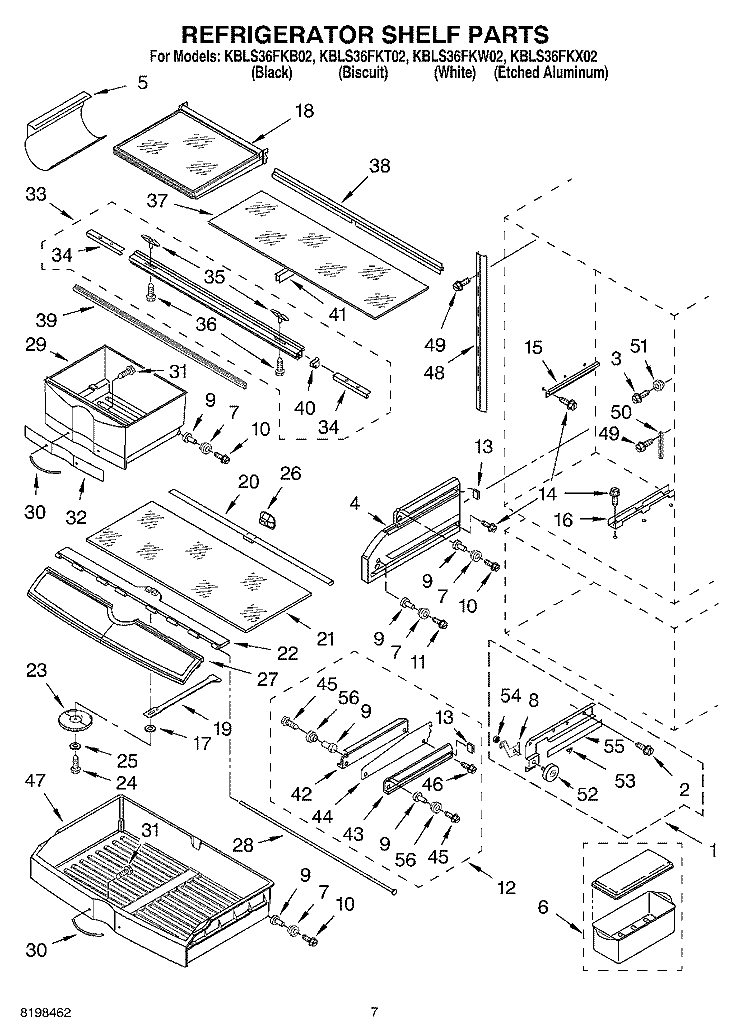REFRIGERATOR SHELF PARTS Diagram and Parts List for KBLS36FKB02  KitchenAid Refrigerator