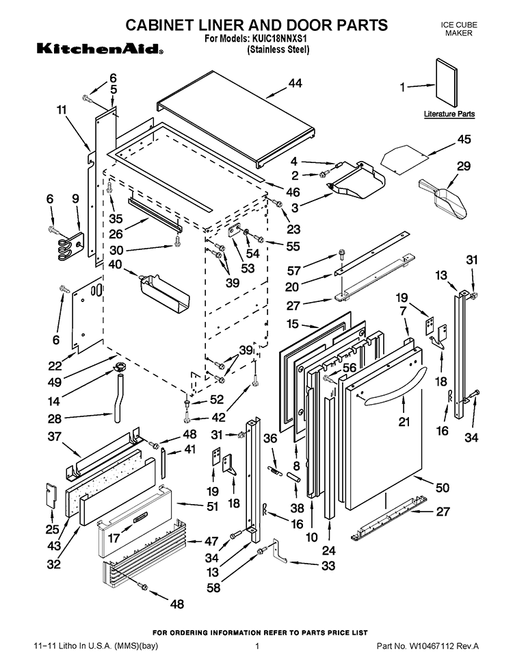 CABINET LINER AND DOOR PARTS Diagram and Parts List for KUIC18NNXS1  KitchenAid Ice Maker