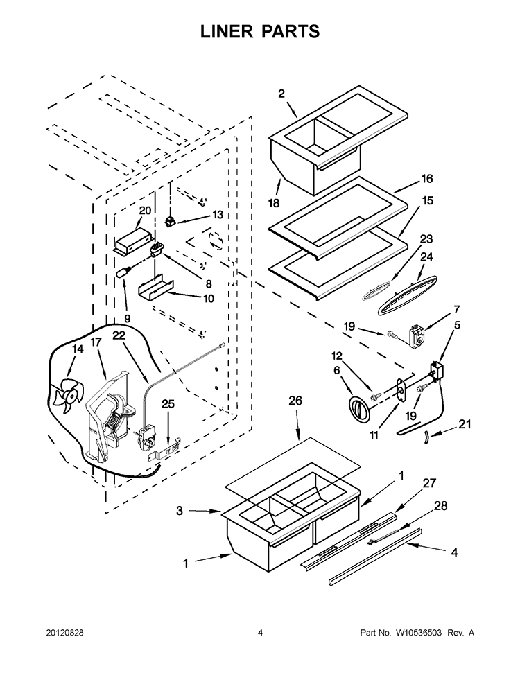 LINER PARTS Diagram and Parts List for 5VEL88TRAQ00  Whirlpool Refrigerator