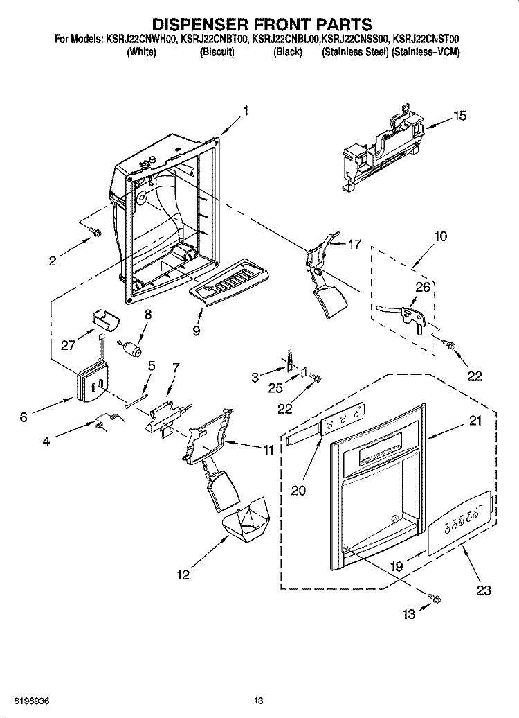 DISPENSER FRONT PARTS Diagram and Parts List for KSRJ22CNWH00  KitchenAid Refrigerator