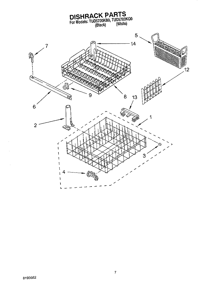 DISHRACK Diagram and Parts List for TUD5700KQ0  Estate Dishwasher