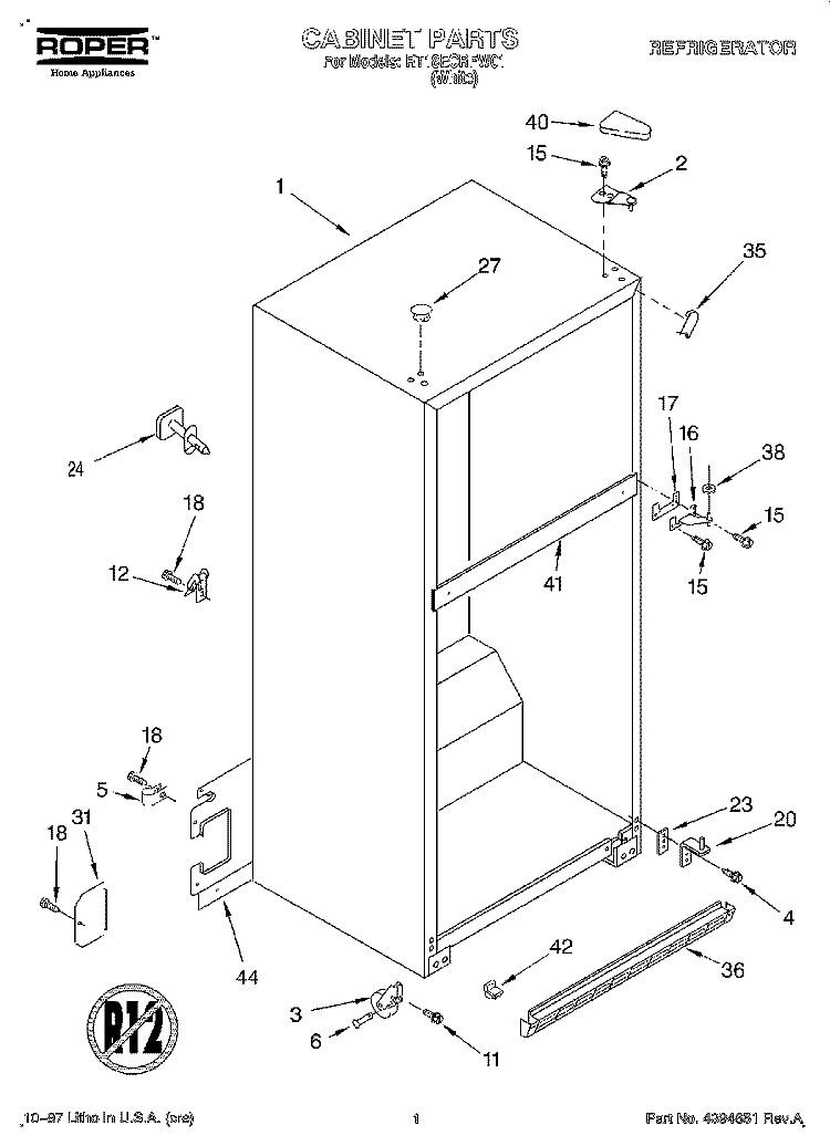 CABINET Diagram and Parts List for RT18ECRFW01  Roper Refrigerator
