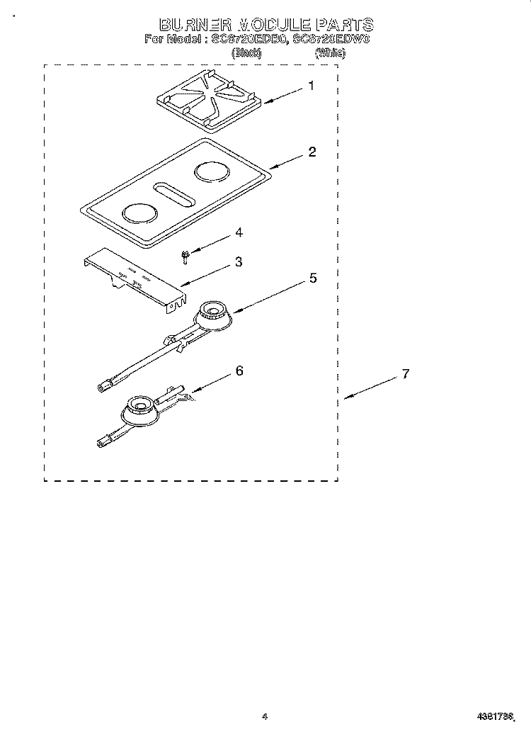BURNER MODULE PARTS Diagram and Parts List for SC8720EDB0  Whirlpool Cooktop