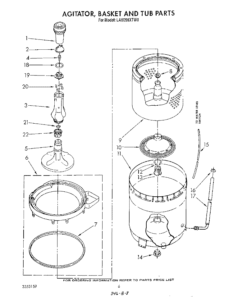AGITATOR, BASKET AND TUB Diagram and Parts List for LA6098XTF0  Whirlpool Washer