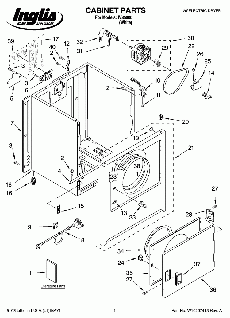 CABINET PARTS Diagram and Parts List for IV85000  Inglis Dryer