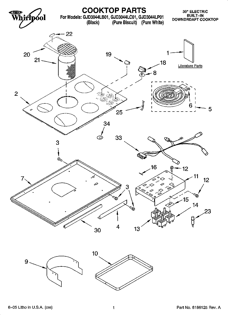 COOKTOP PARTS Diagram and Parts List for GJD3044LC01  Whirlpool Cooktop