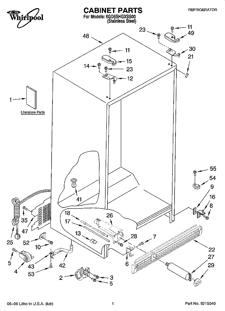 CABINET PARTS Diagram and Parts List for 6GD5SHGXSS00  Whirlpool Refrigerator