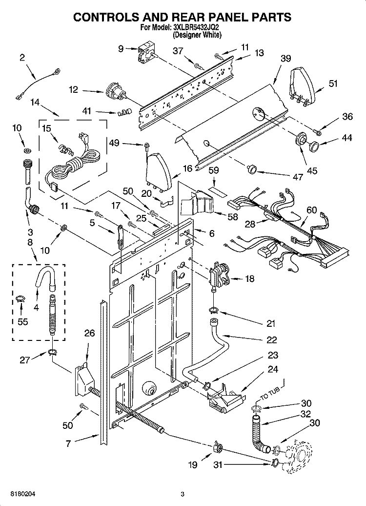 CONTROLS AND REAR PANEL PARTS Diagram and Parts List for 3XLBR5432JQ2  Whirlpool Washer