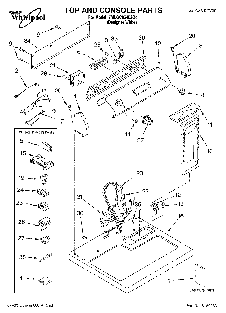 TOP AND CONSOLE PARTS Diagram and Parts List for 7MLGC9545JQ4  Whirlpool Dryer