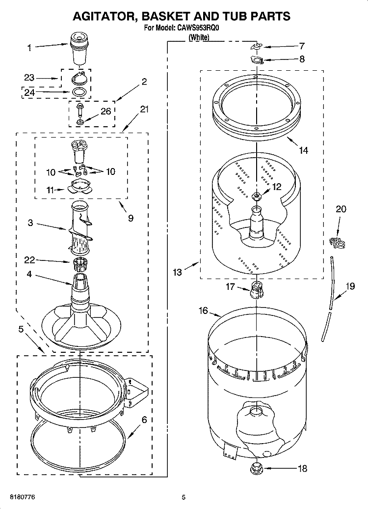AGITATOR, BASKET AND TUB PARTS Diagram and Parts List for CAWS953RQ0  Crosley Washer