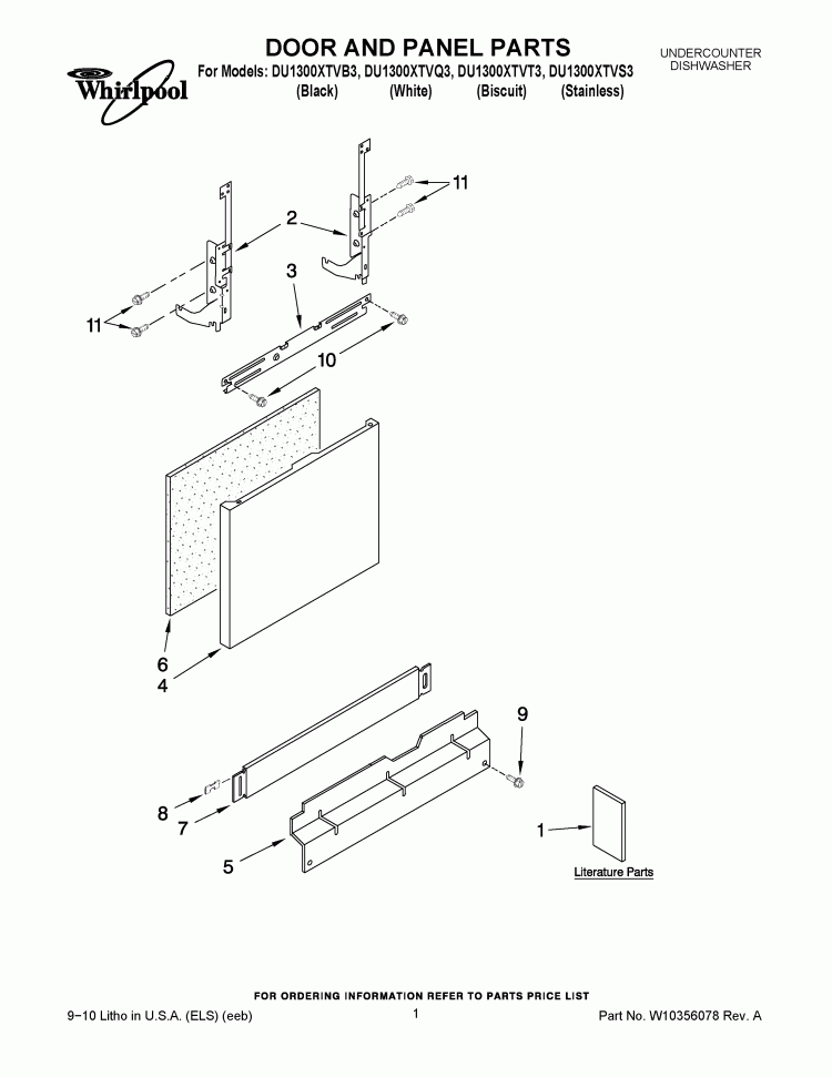DOOR AND PANEL PARTS Diagram and Parts List for DU1300XTVS3  Whirlpool Dishwasher
