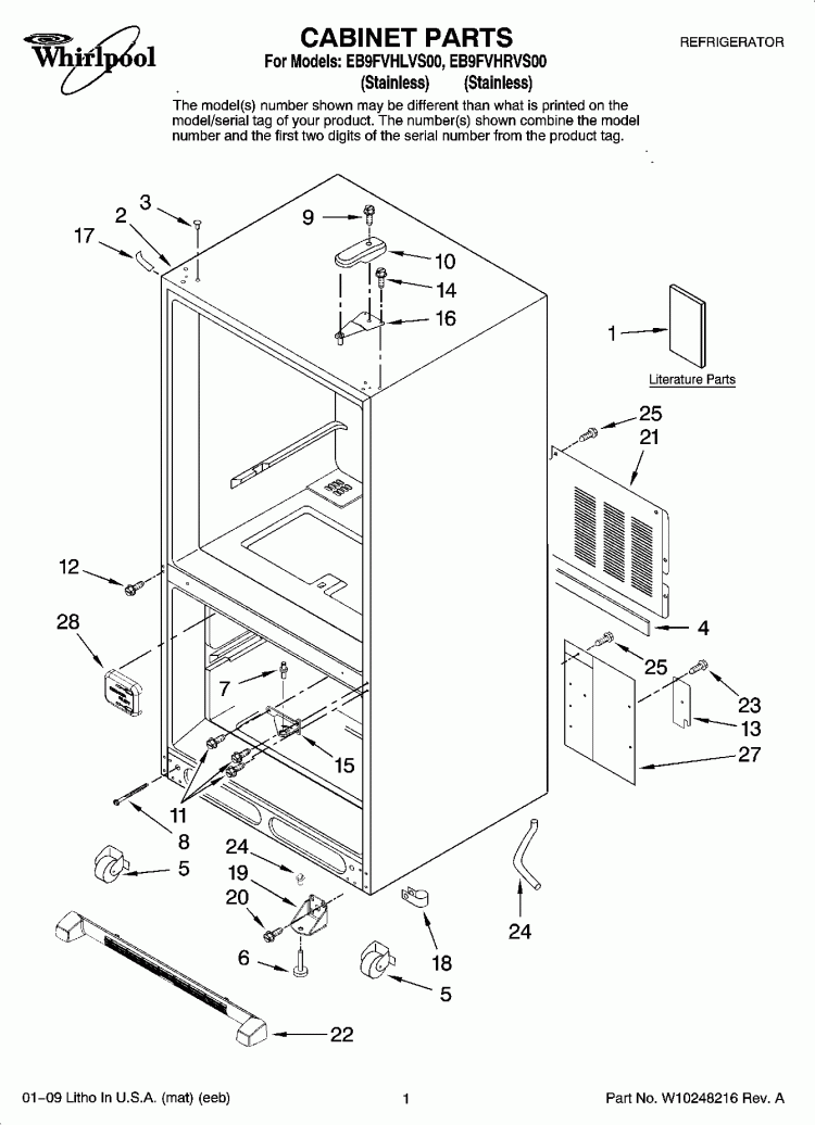 CABINET PARTS Diagram and Parts List for EB9FVHLVS00  Whirlpool Refrigerator