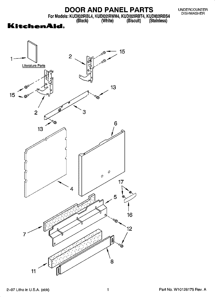 DOOR AND PANEL PARTS Diagram and Parts List for KUDI02IRWH4  KitchenAid Dishwasher