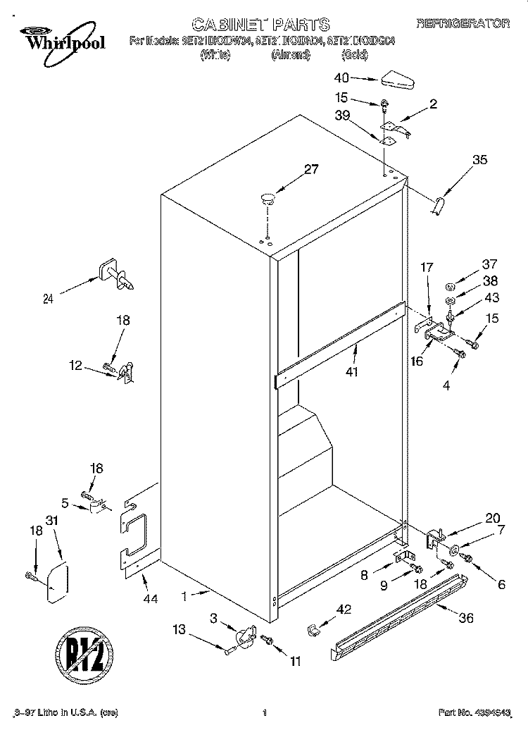 CABINET Diagram and Parts List for 8ET21DKXDG04  Whirlpool Refrigerator