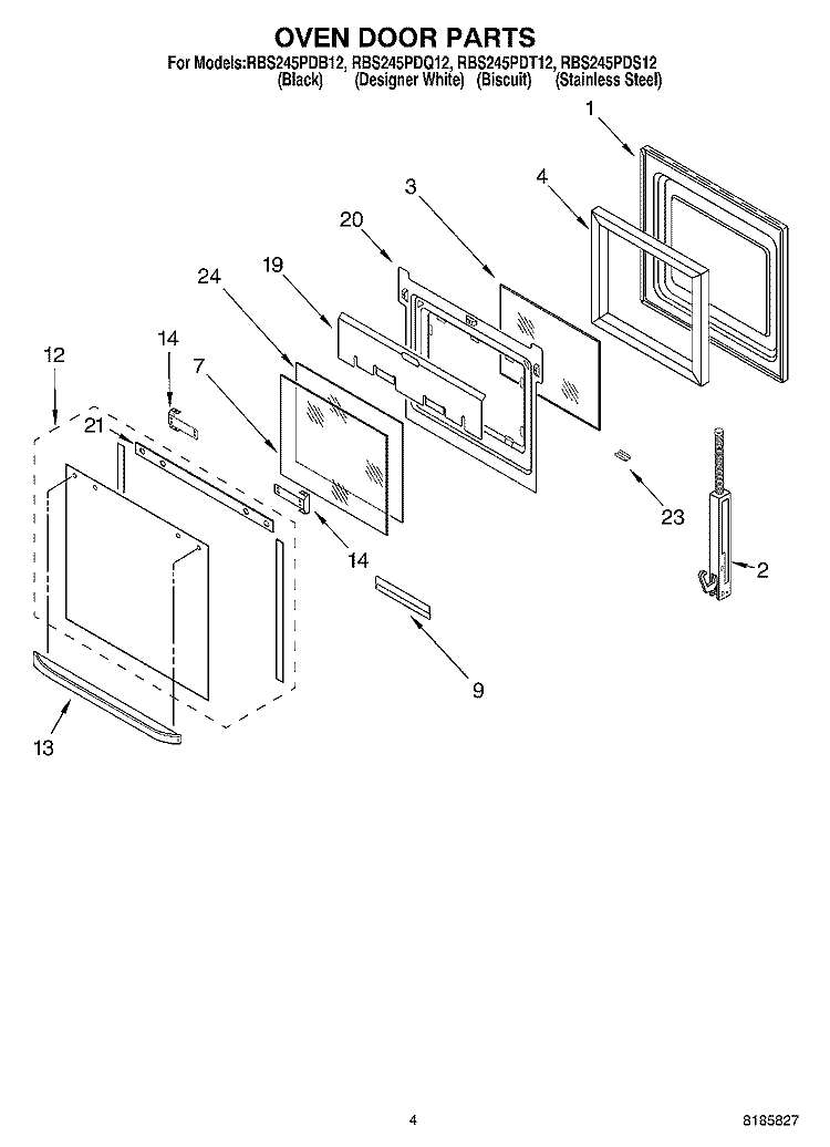 OVEN DOOR Diagram and Parts List for RBS245PDT12  Whirlpool Wall Oven